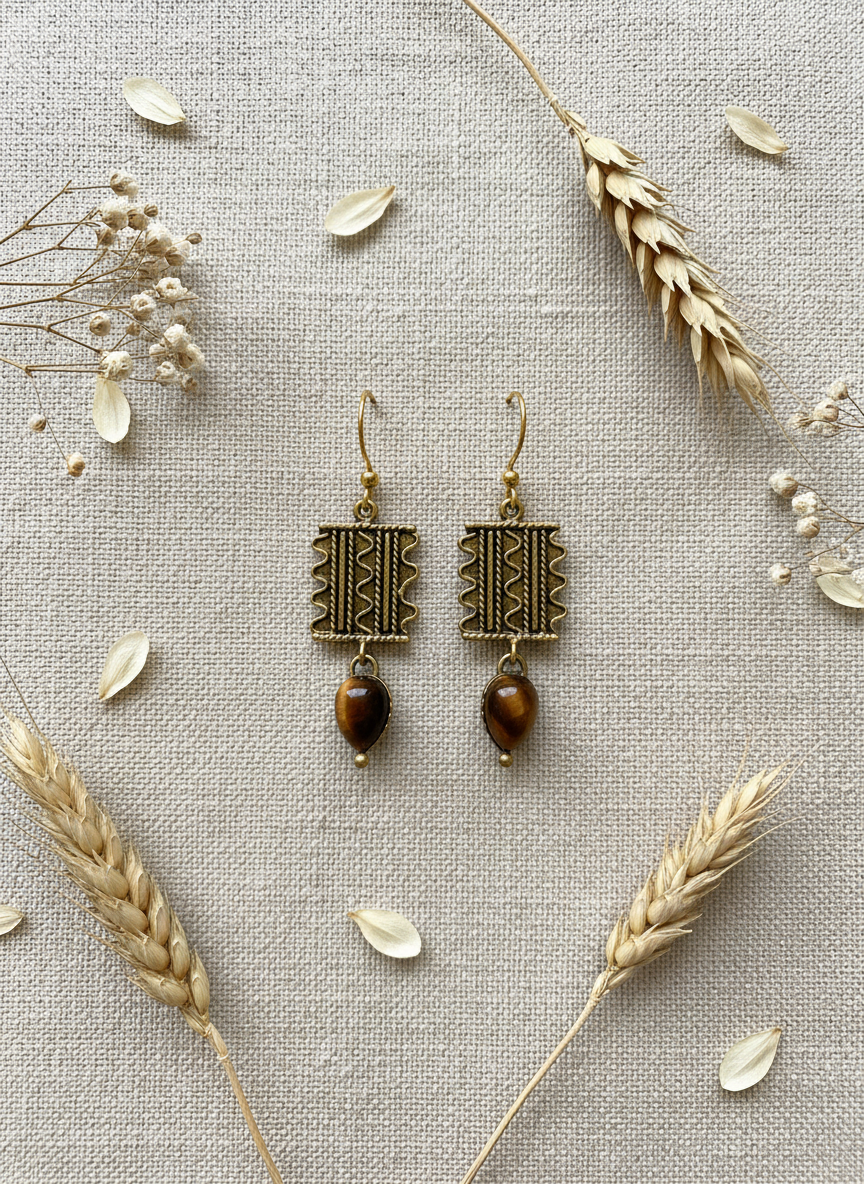 Boucles d'oreilles en laiton et oeil de tigre Boucles d'oreilles en laiton et oeil de tigre